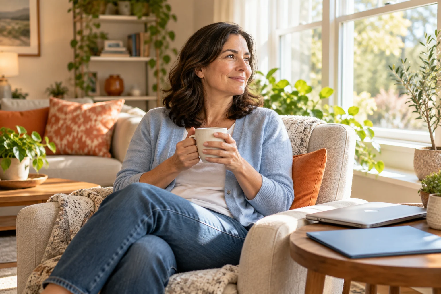 An adult relaxing at home with a closed laptop and document folder nearby