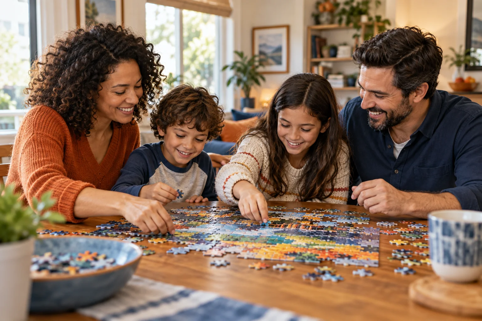 Two parents and two children enjoying a puzzle together at home
