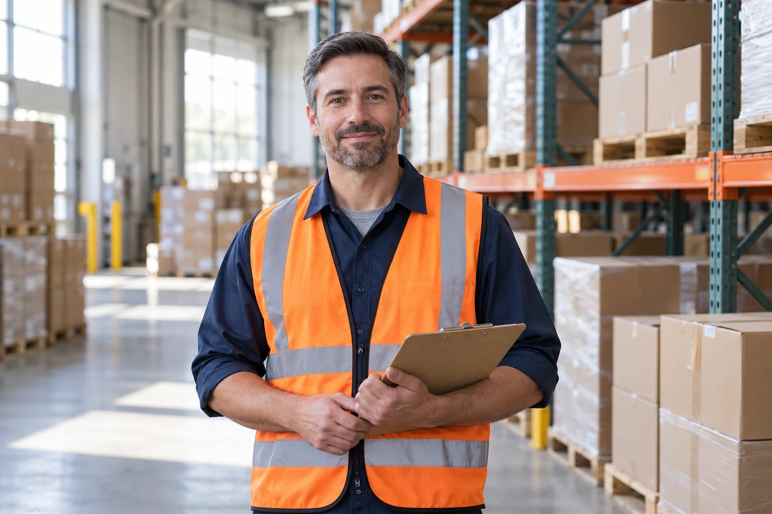 A warehouse employee in an orange safety vest holding a clipboard