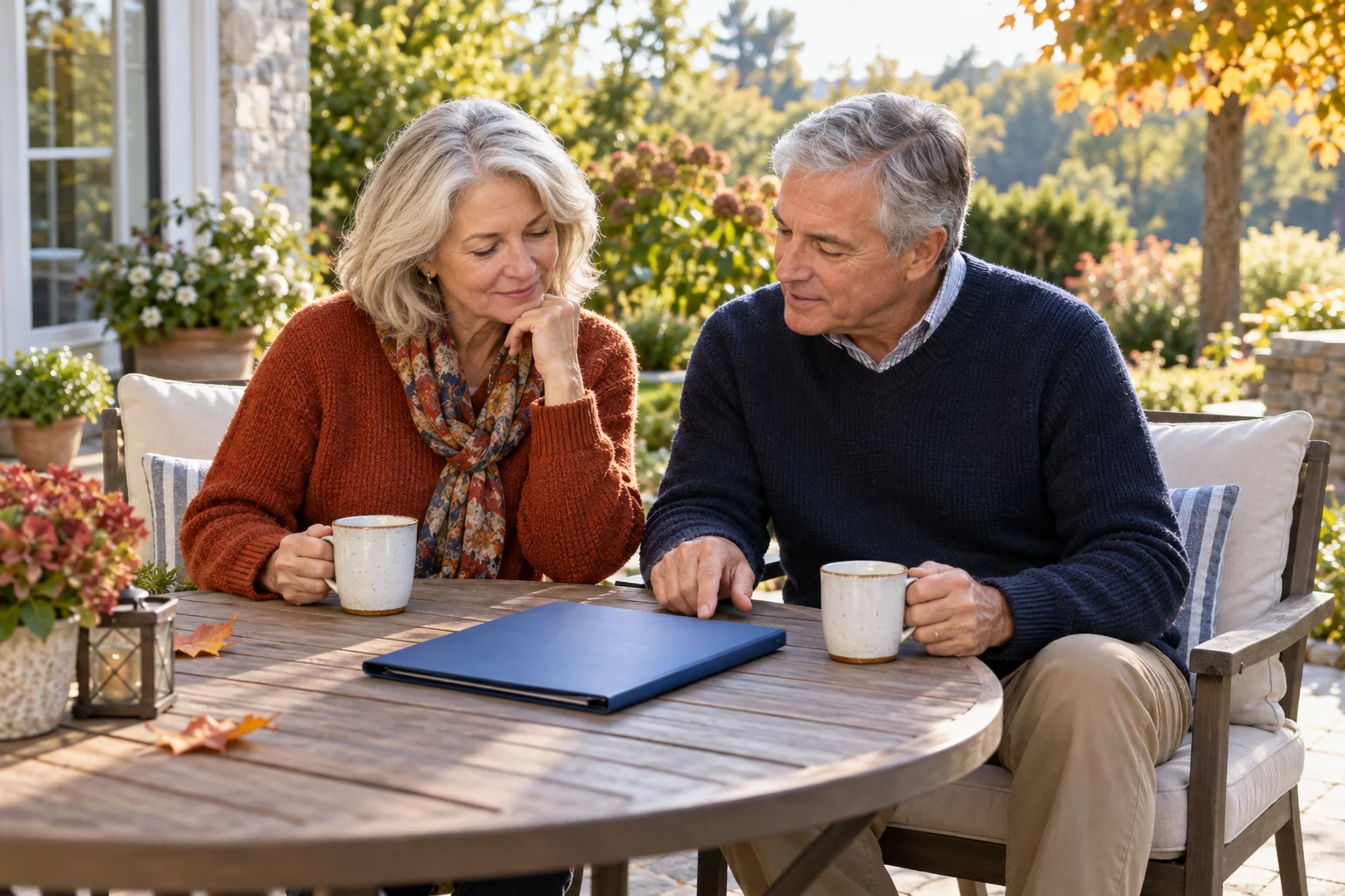 An older couple enjoying coffee and reviewing a folder on their patio