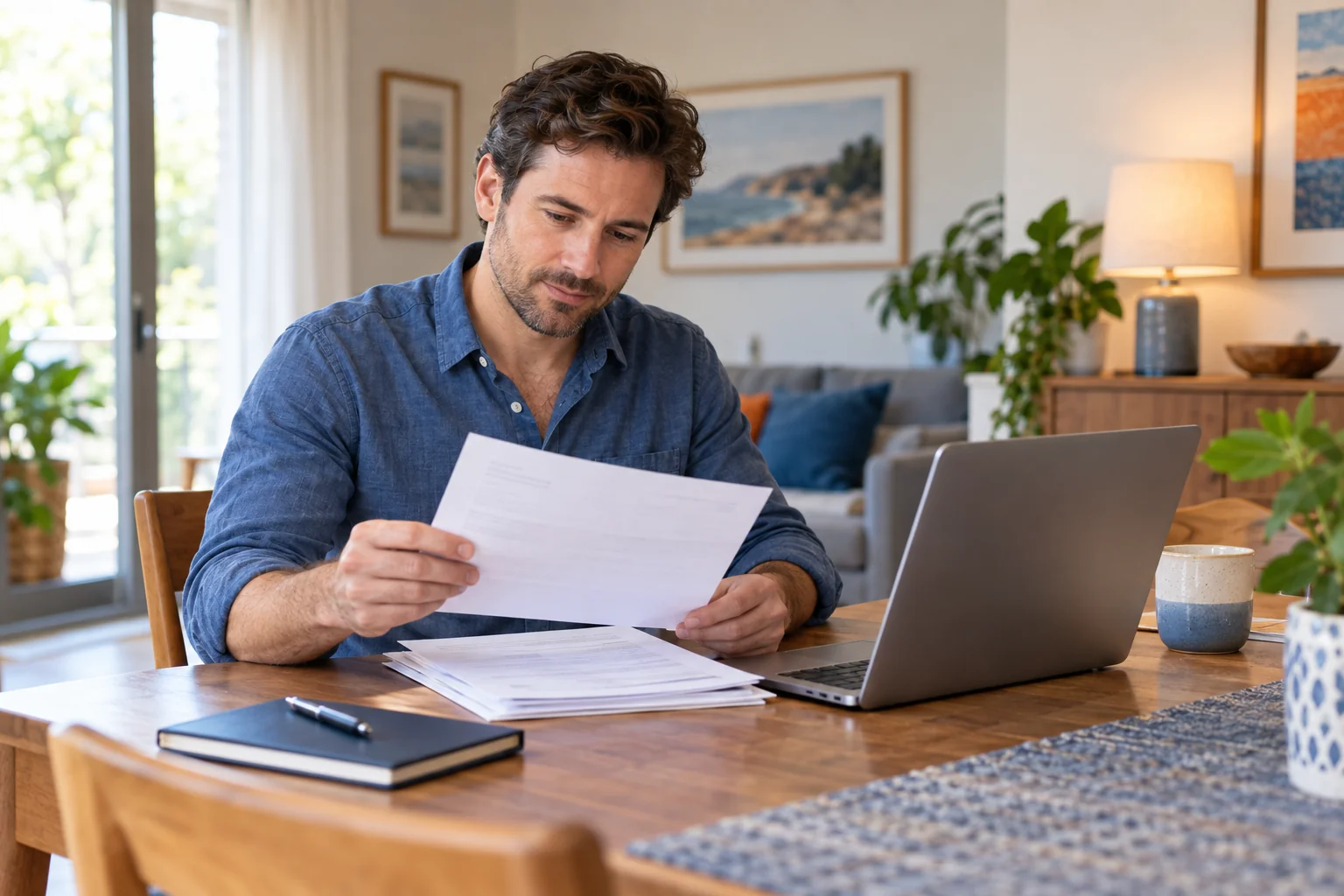 An adult reviewing investment paperwork beside a laptop at home