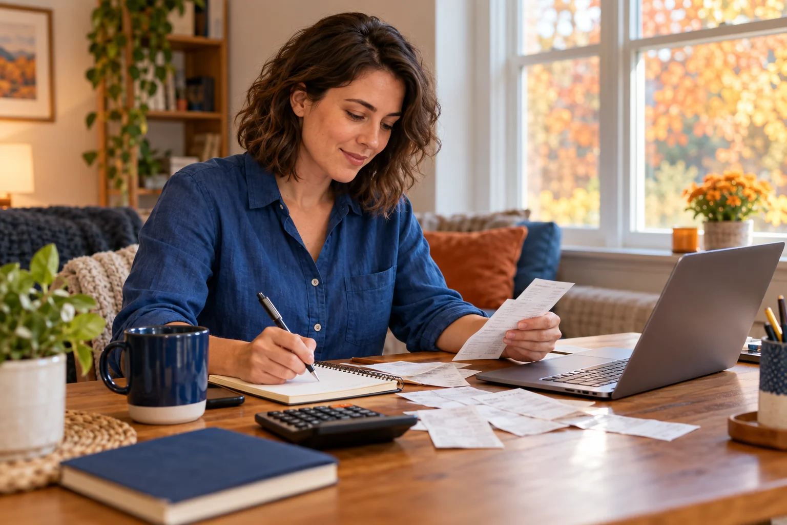 An adult organizing receipts and paperwork at a home workspace