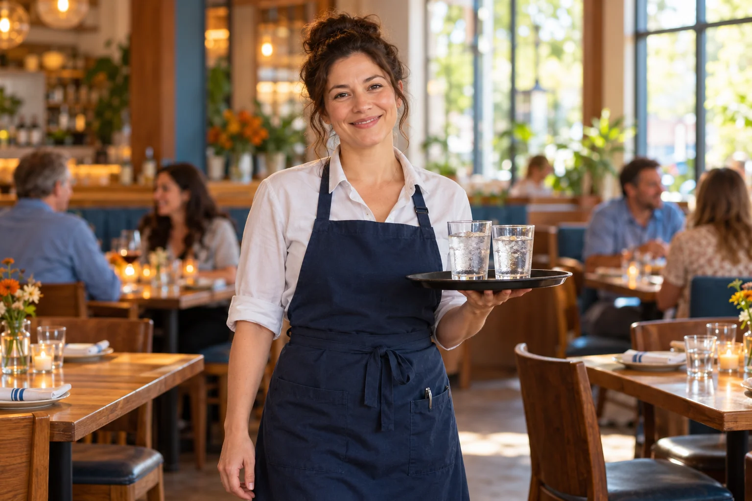 A restaurant server in a navy apron holding a tray of water glasses