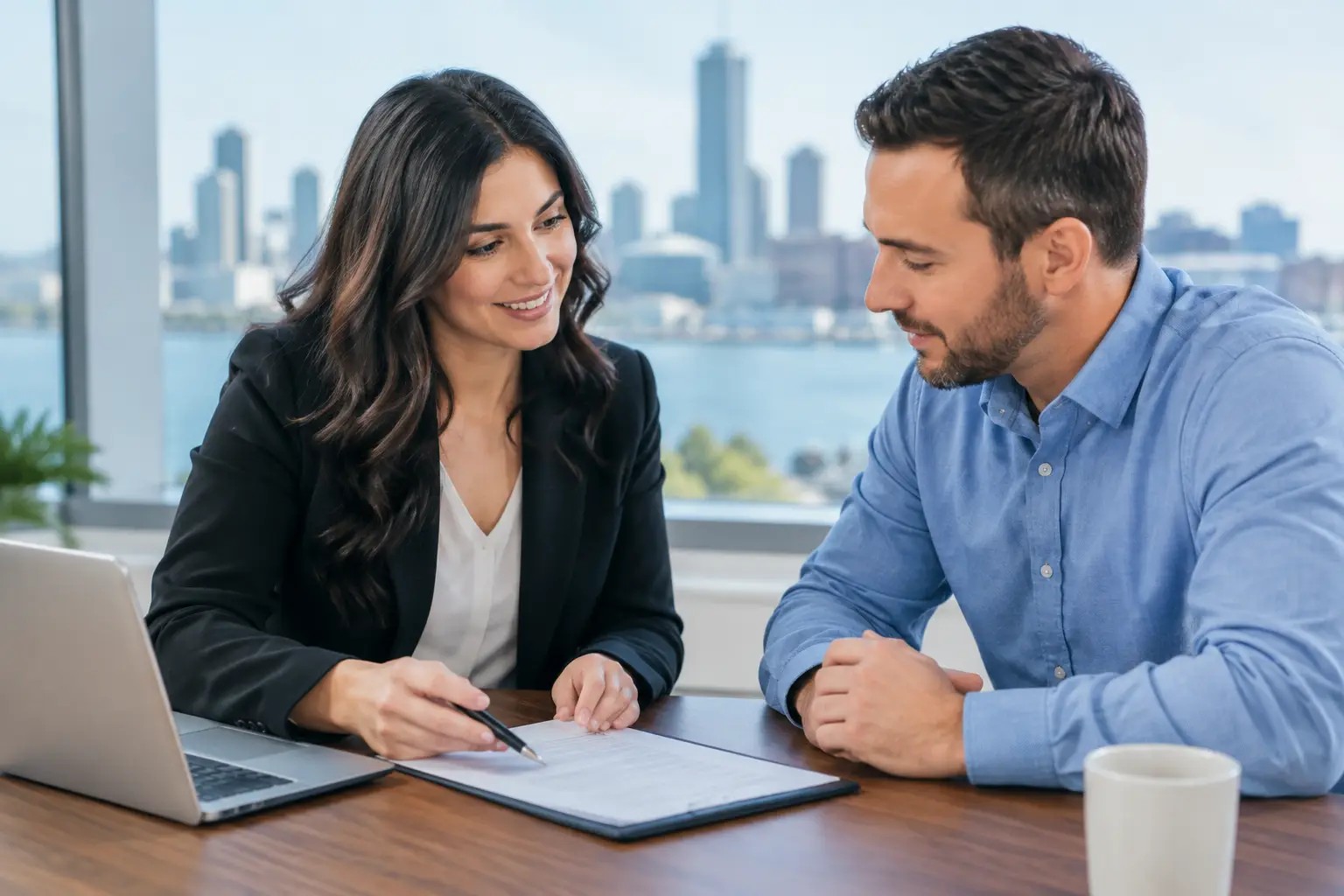 A tax professional reviewing documents with a client at a desk